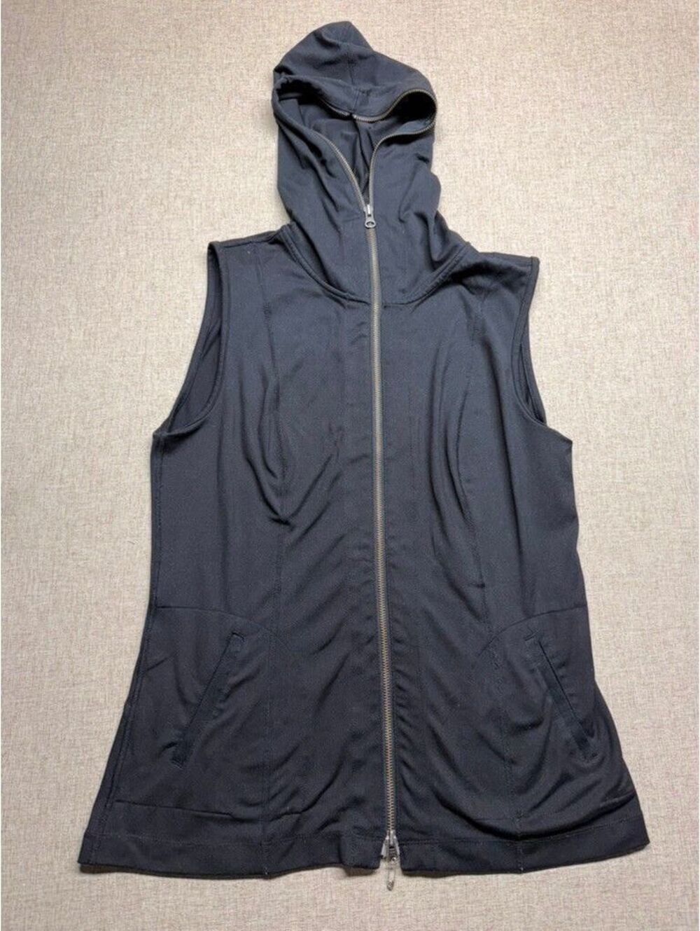 CAbi Black Hooded Longline Vest Medium Full Zip Stretch Sleeveless Athleisure